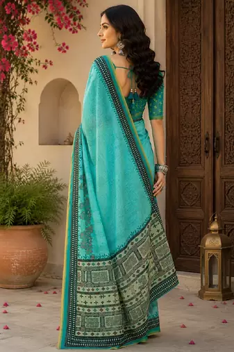 Sky blue rama linen digital print work saree with unstitched blouse piece