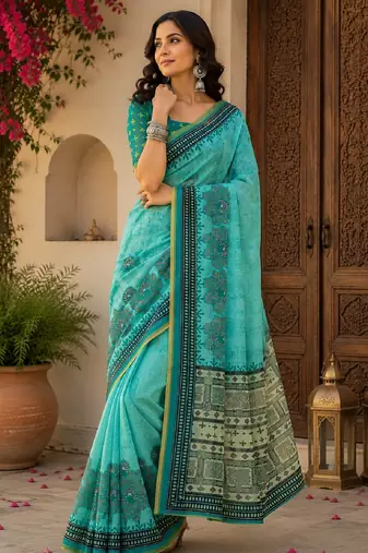 Sky blue rama linen digital print work saree with unstitched blouse piece