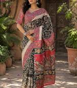 Black pink linen digital print work saree with unstitched blouse piece