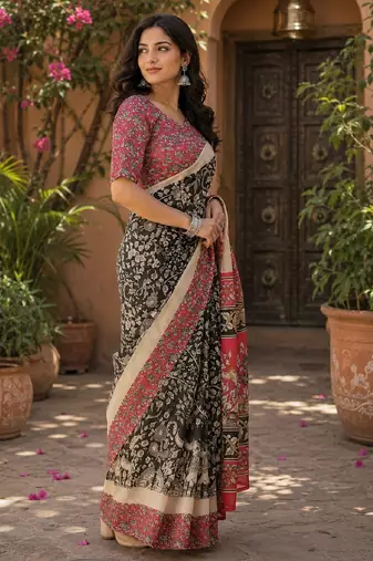 Black pink linen digital print work saree with unstitched blouse piece