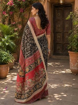 Black pink linen digital print work saree with unstitched blouse piece 3