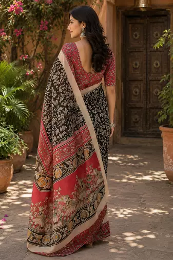 Black pink linen digital print work saree with unstitched blouse piece