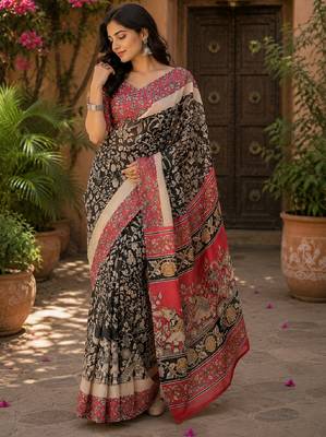 Black pink linen digital print work saree with unstitched blouse piece 4