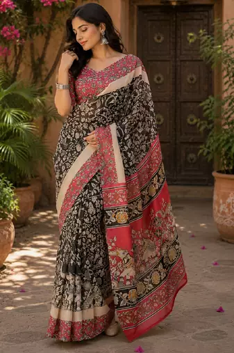 Black pink linen digital print work saree with unstitched blouse piece