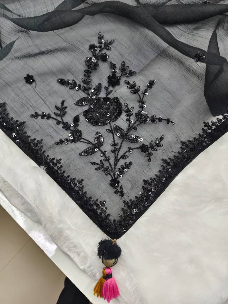 Black embroidery crush tissue fancy saree with blouse piece