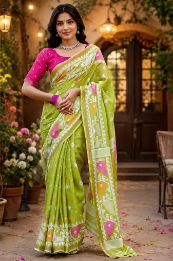 Parrot pink linen digital print saree with unstitched blouse piece