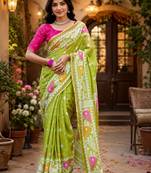 Parrot pink linen digital print saree with unstitched blouse piece