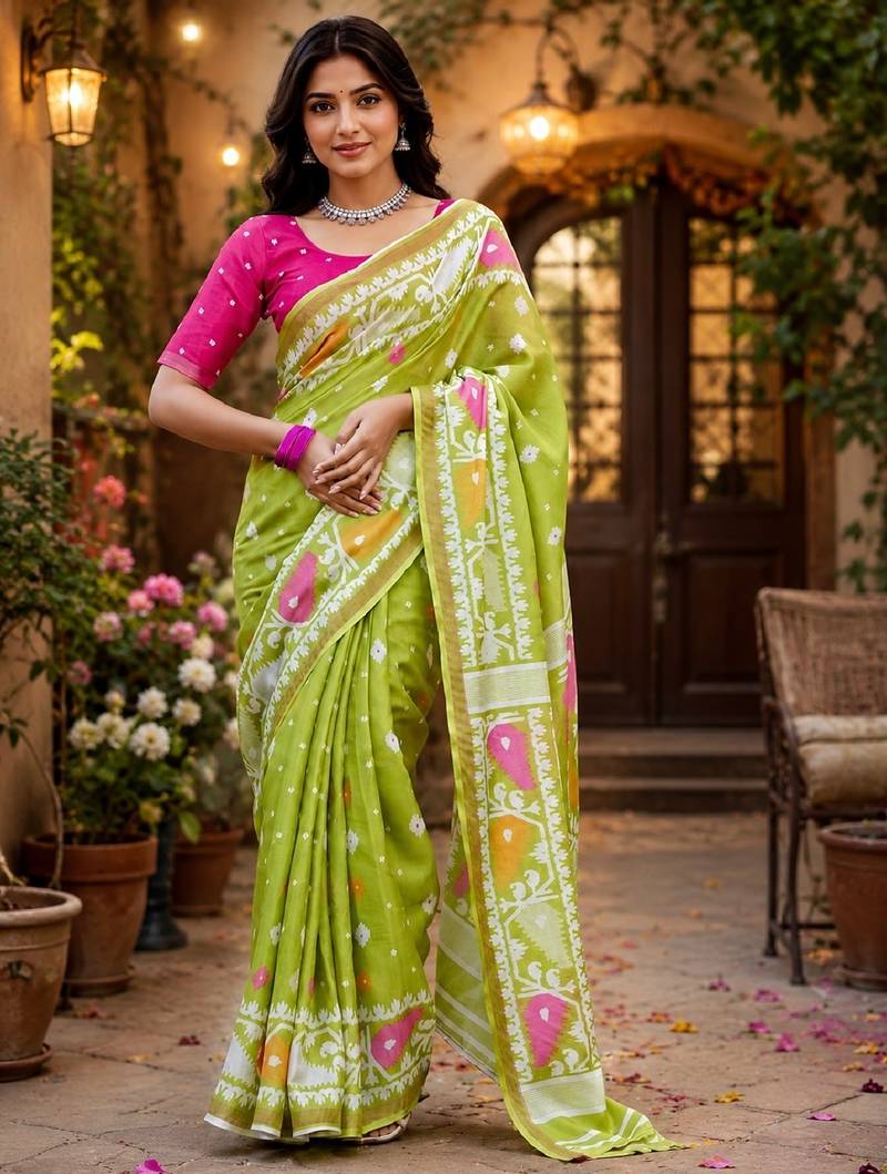Parrot pink linen digital print saree with unstitched blouse piece