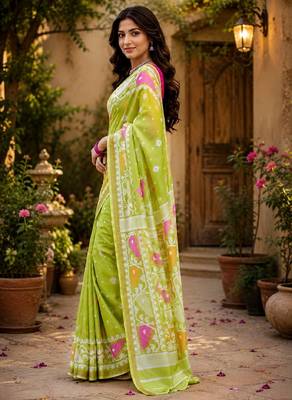 Parrot pink linen digital print saree with unstitched blouse piece 2