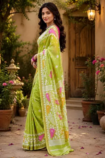 Parrot pink linen digital print saree with unstitched blouse piece