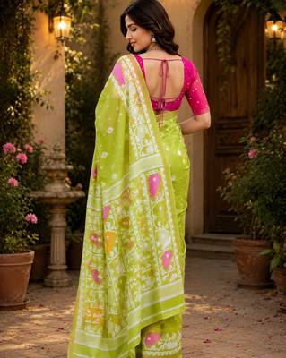 Parrot pink linen digital print saree with unstitched blouse piece 3