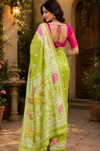 Parrot pink linen digital print saree with unstitched blouse piece