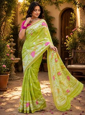 Parrot pink linen digital print saree with unstitched blouse piece 4