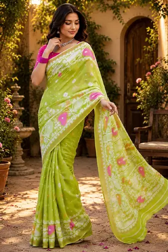 Parrot pink linen digital print saree with unstitched blouse piece