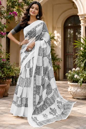 White black linen digital print work saree with unstitched blouse piece