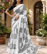White black linen digital print work saree with unstitched blouse piece
