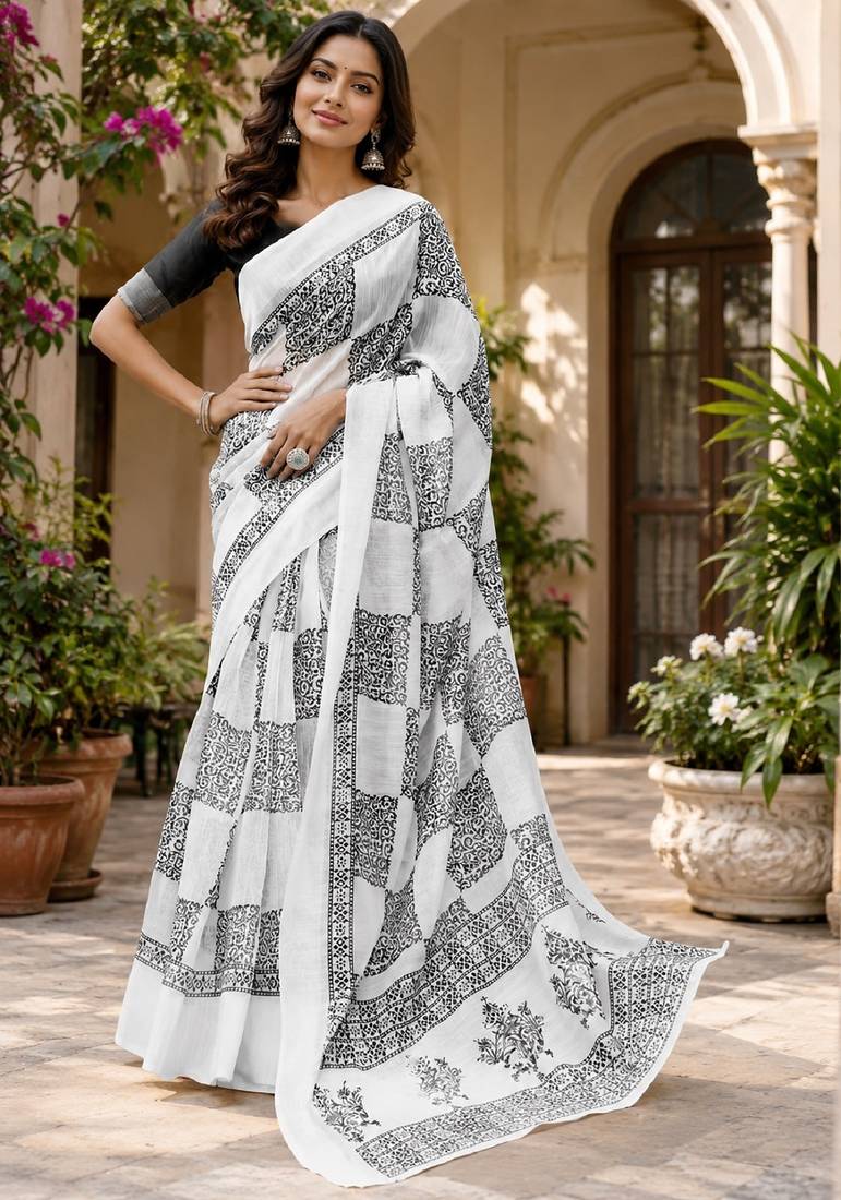 White black linen digital print work saree with unstitched blouse piece