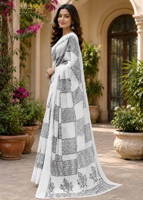 White black linen digital print work saree with unstitched blouse piece 2