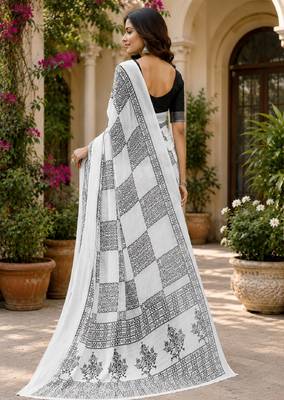 White black linen digital print work saree with unstitched blouse piece 3