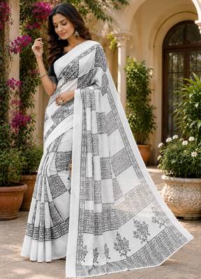 White black linen digital print work saree with unstitched blouse piece 4