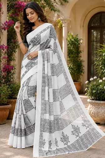 White black linen digital print work saree with unstitched blouse piece