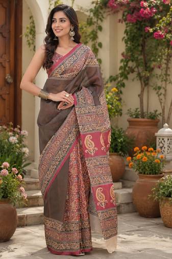 Dusty grey pink linen digital print work saree with unstitched blouse piece