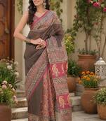 Dusty grey pink linen digital print work saree with unstitched blouse piece