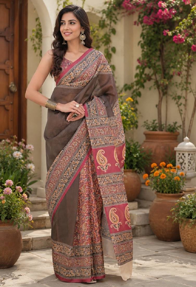 Dusty grey pink linen digital print work saree with unstitched blouse piece