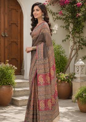 Dusty grey pink linen digital print work saree with unstitched blouse piece 2