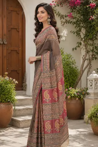 Dusty grey pink linen digital print work saree with unstitched blouse piece