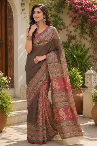 Dusty grey pink linen digital print work saree with unstitched blouse piece
