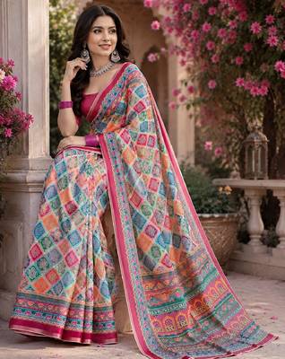 Pink linen digital print work saree with unstitched blouse piece 1