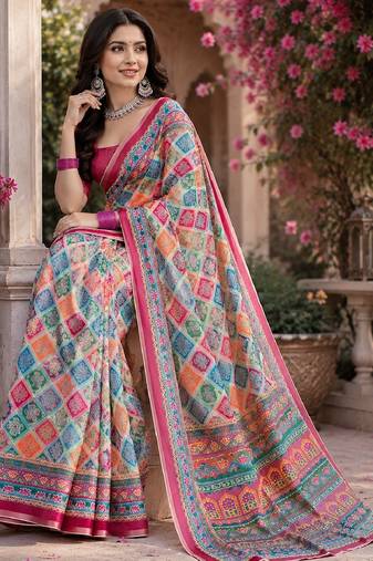 Pink linen digital print work saree with unstitched blouse piece