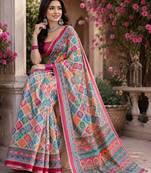 Pink linen digital print work saree with unstitched blouse piece