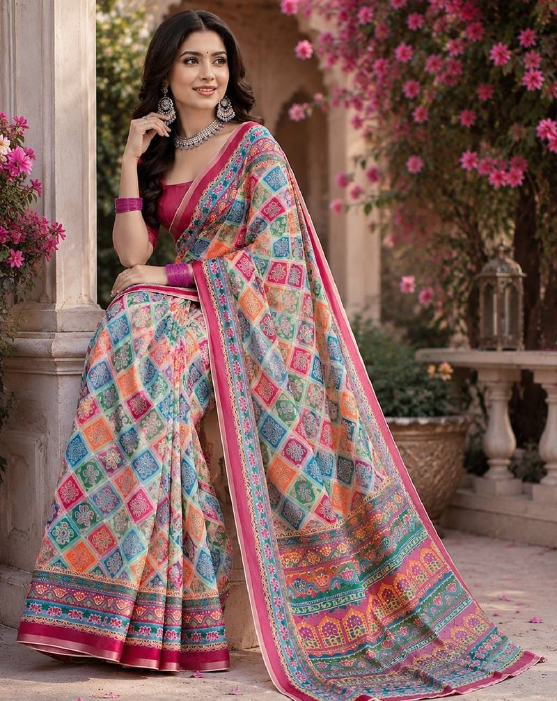 Pink linen digital print work saree with unstitched blouse piece