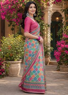 Pink linen digital print work saree with unstitched blouse piece 2