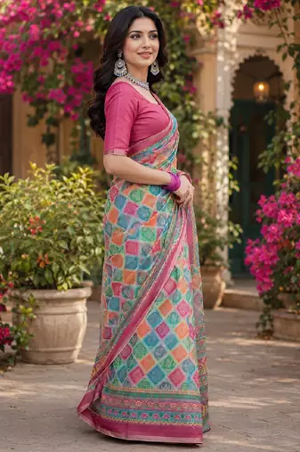 Pink linen digital print work saree with unstitched blouse piece