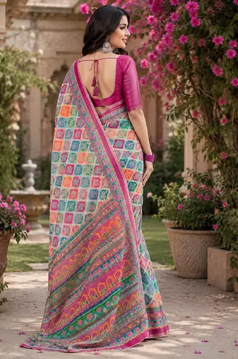 Pink linen digital print work saree with unstitched blouse piece