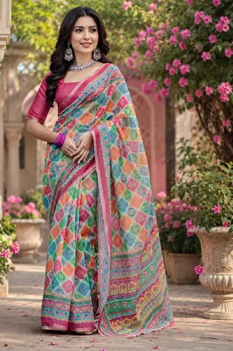 Pink linen digital print work saree with unstitched blouse piece