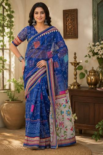 Royal blue linen digital print work saree with unstitched blouse piece