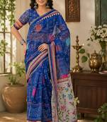 Royal blue linen digital print work saree with unstitched blouse piece