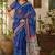 Royal blue linen digital print work saree with unstitched blouse piece