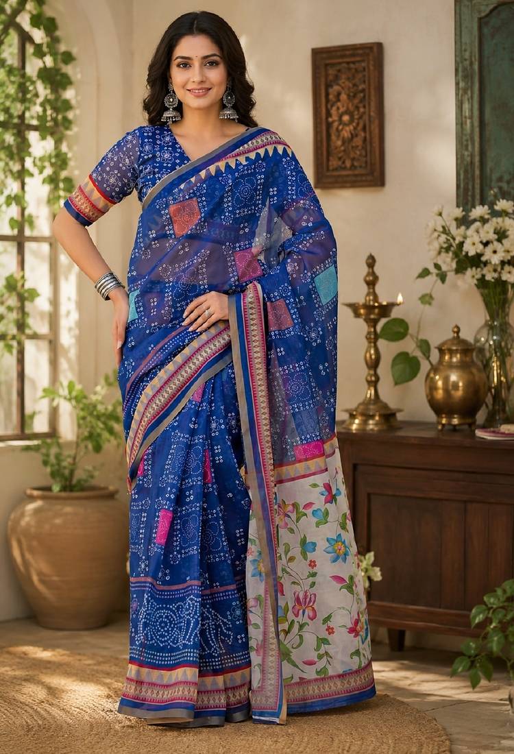 Royal blue linen digital print work saree with unstitched blouse piece