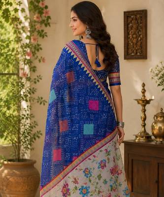 Royal blue linen digital print work saree with unstitched blouse piece 3