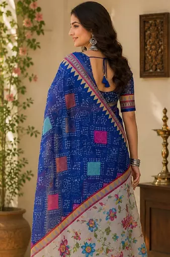 Royal blue linen digital print work saree with unstitched blouse piece