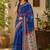 Royal blue linen digital print work saree with unstitched blouse piece