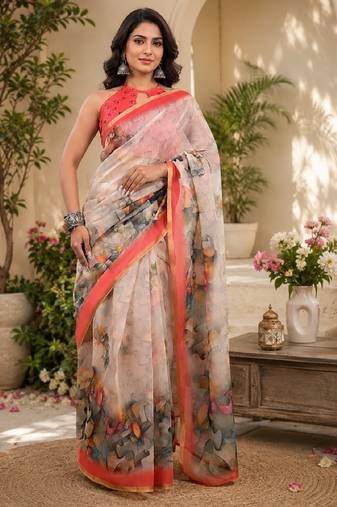 White peach linen digital print work saree with unstitched blouse piece