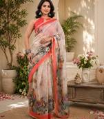 White peach linen digital print work saree with unstitched blouse piece