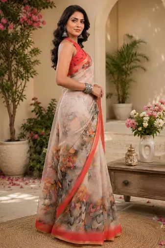 White peach linen digital print work saree with unstitched blouse piece