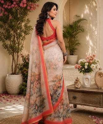 White peach linen digital print work saree with unstitched blouse piece 3